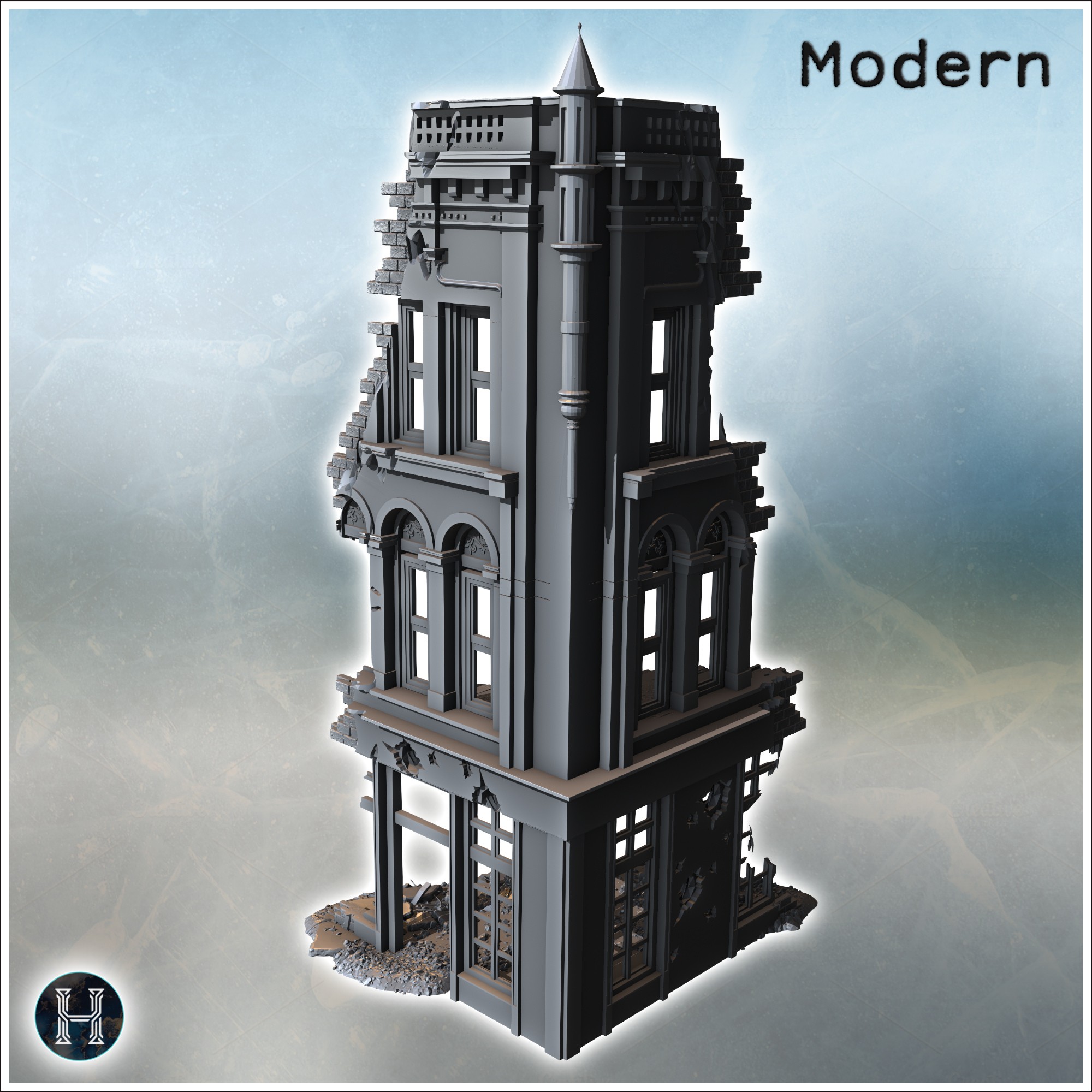 Corner building with decorative arched windows, damaged upper walls, and rubble scattered around (4) - Modern WW2 WW1 World War Diaroma Wargaming RPG Mini Hobby
